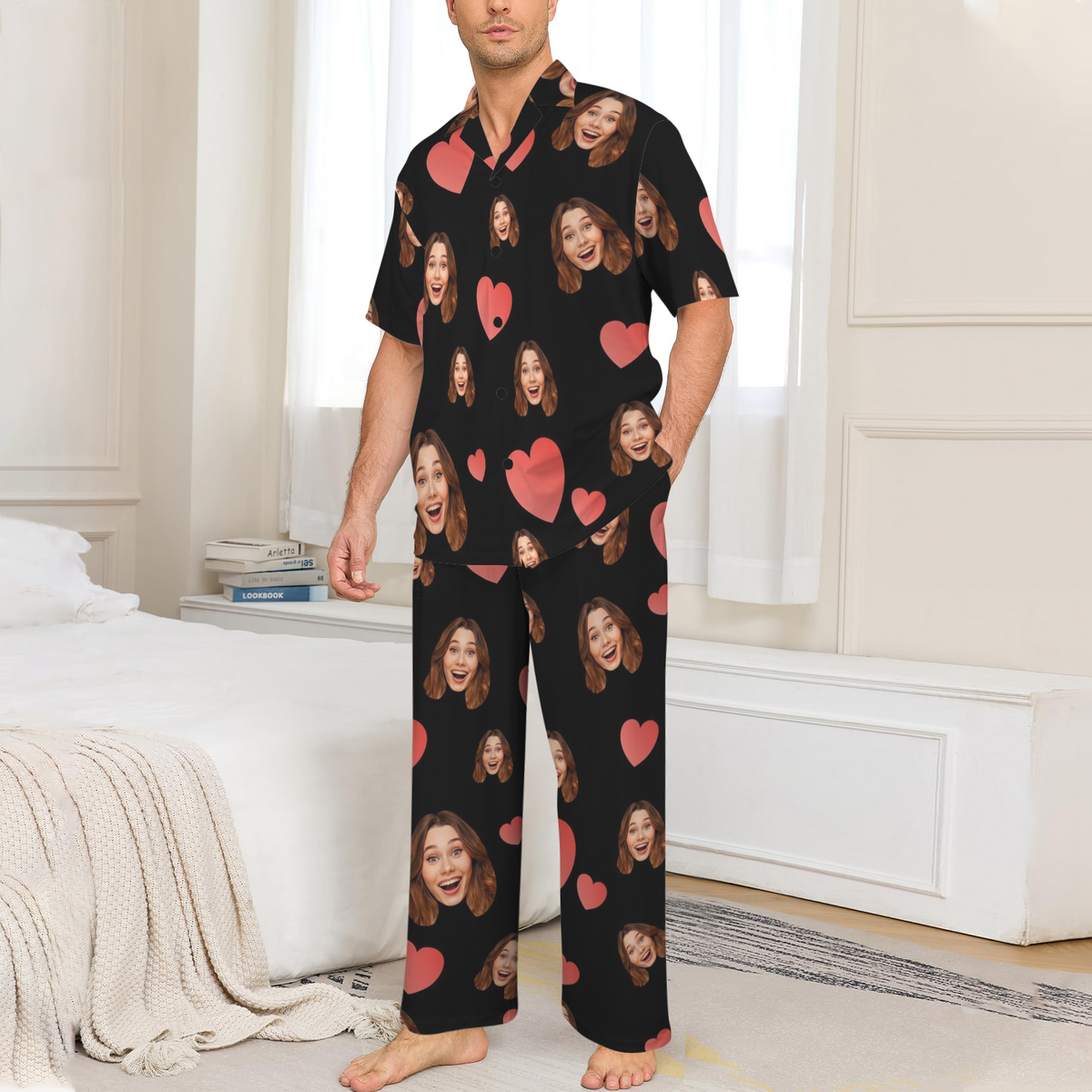 Custom Heart Multi-Color Pajamas | Personalized Men's V-Neck Pajama Set Anniversary Gift
