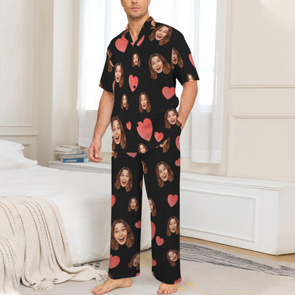 Custom Heart Multi-Color Pajamas | Personalized Men's V-Neck Pajama Set Anniversary Gift