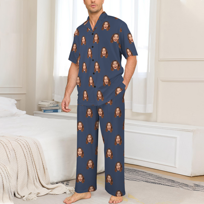 Custom Husband/Boyfriend Face Pajamas | Personalized Men's V-Neck Pajama Set Anniversary Gift