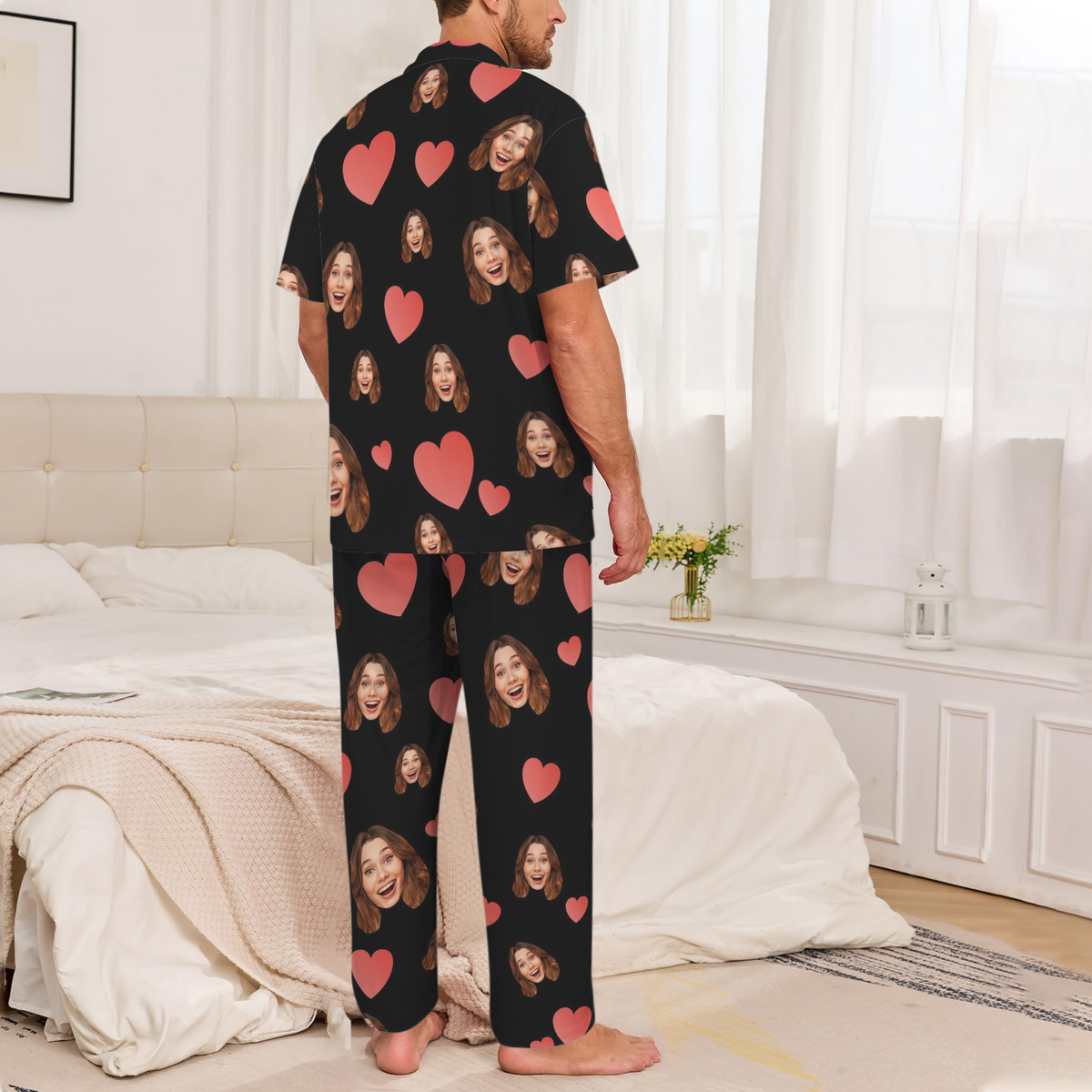 Custom Heart Multi-Color Pajamas | Personalized Men's V-Neck Pajama Set Anniversary Gift