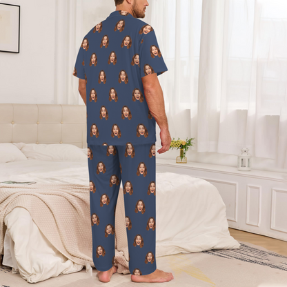 Custom Husband/Boyfriend Face Pajamas | Personalized Men's V-Neck Pajama Set Anniversary Gift