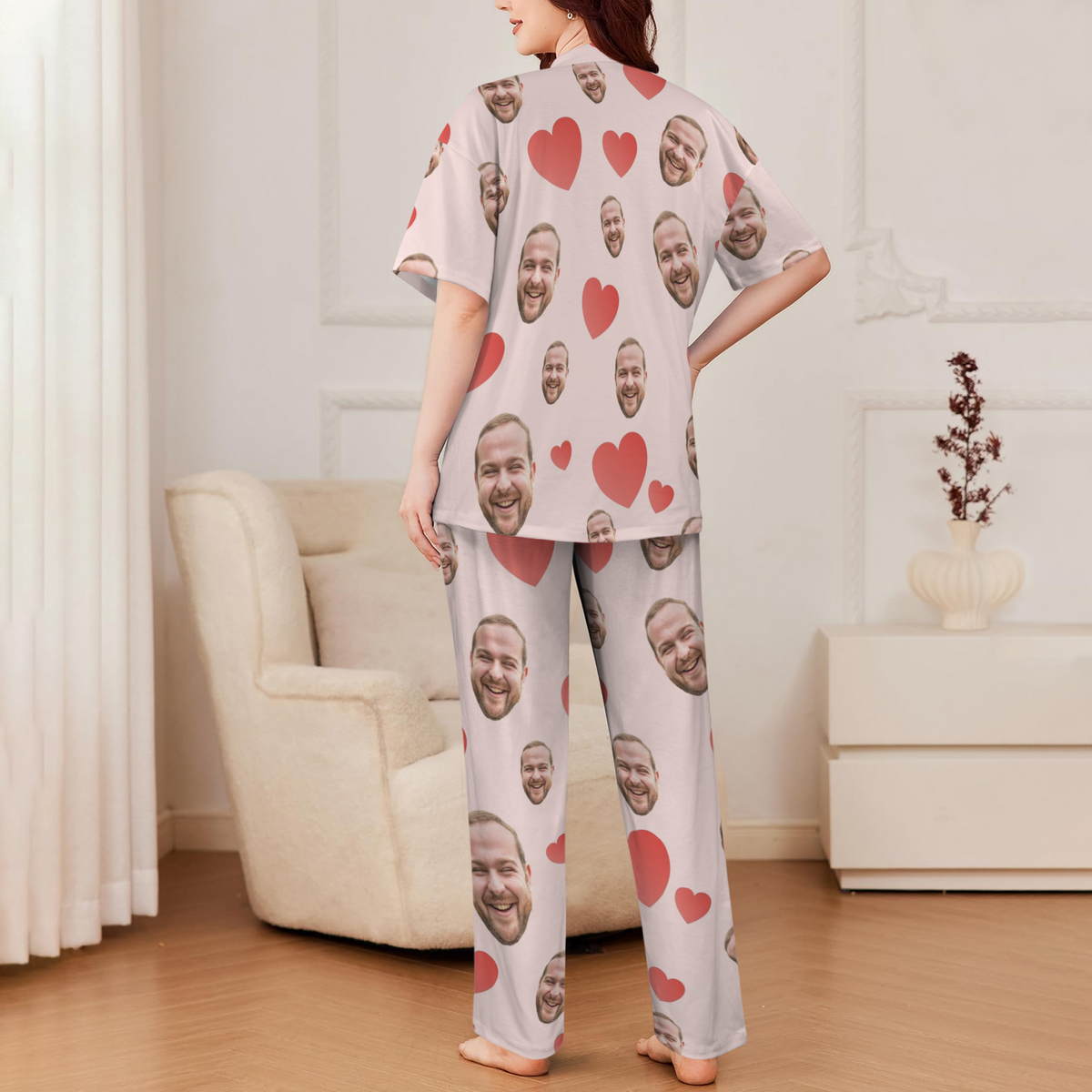 Custom Heart Multi-Color Pajamas | Personalized Women's V-Neck Pajama Set Christmas Gift