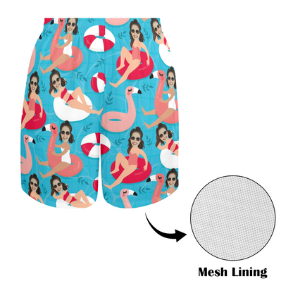 Custom Swim Ring Wife Face Beach Shorts | Personalized Photo Men's Elastic Swim Trunks Funny Gifts