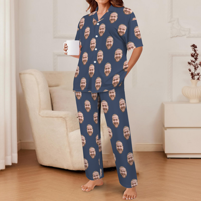 Custom Husband/Boyfriend Face Pajamas | Personalized Women's V-Neck Pajama Set Anniversary Gift