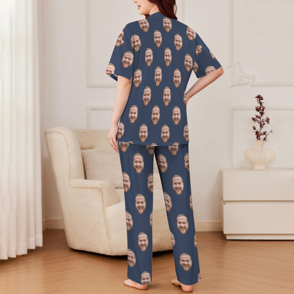 Custom Husband/Boyfriend Face Pajamas | Personalized Women's V-Neck Pajama Set Anniversary Gift