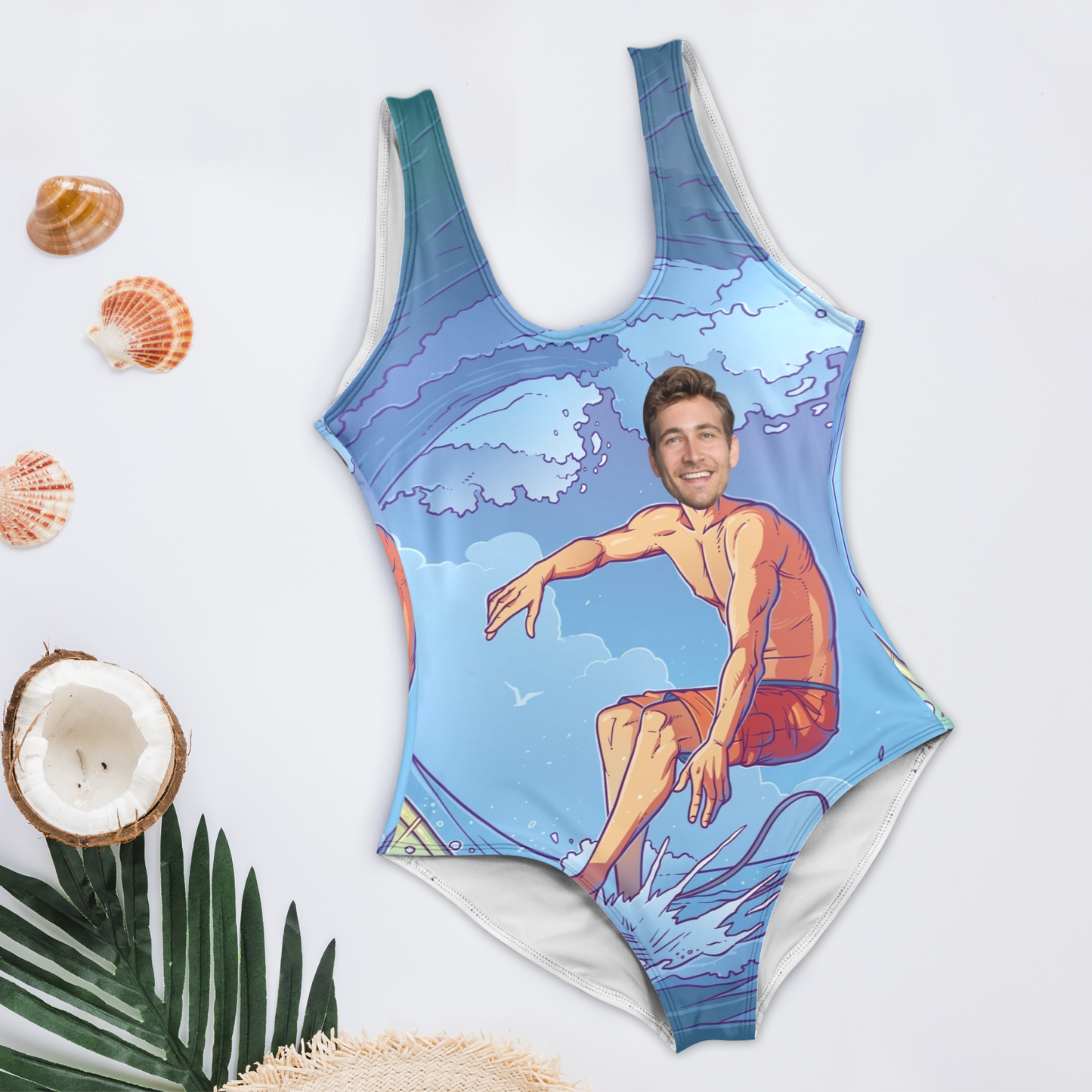 Custom Funny Face Surfing Swimsuit | Personalized Women's High Cut Backless Bathing Suit Surprise Gifts