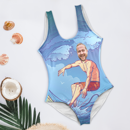 Custom Funny Face Surfing Swimsuit | Personalized Women's High Cut Backless Bathing Suit Surprise Gifts