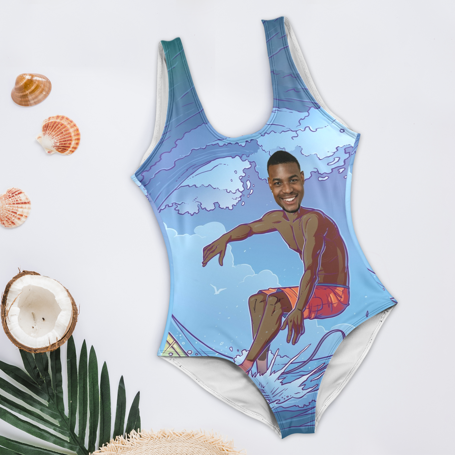 Custom Funny Face Surfing Swimsuit | Personalized Women's High Cut Backless Bathing Suit Surprise Gifts